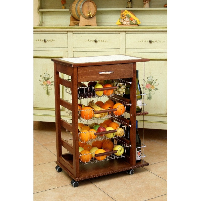 Carrello Portafrutta Vesuvio Con Cassetto Pane - Legno Naturale, Ruote - Foto 6